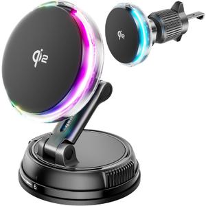 For Qi2 15W MagSafe Car Mount Charger with Cooling Fan, [Rapid Charging Cooler with RGB Lights], 78+LBS Stronger Suction Wireless Magnetic Mount on Vent/ Dash/ Windshield, for iPhone 17 16 15 14 13 12