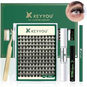 DIY Lash Extension Kit KEYYOU 144pcs Lash Clusters Eyelash Extension Kit with Mascara Brush Bond and Seal Lash Glue Remover Lash Applicators Lash Brush Clean Pad for DIY Lash Extensions (Y02 Kit)