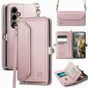 DJBull for Samsung Galaxy S25 Wallet Case with Card Holder, Magnetic Snap, Soft PU Leather, Shoulder and Wristlet Straps, Flip Phone Case for Women Men for Samsung S25 Rose Gold Color