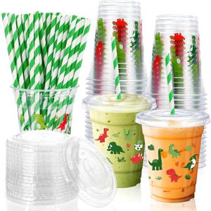 50 Pcs Dinosaur Cups with Lids and Straws 12 oz Dinosaur Plastic Cups Disposable Dino Tumbler Drinking Cups for Kids Dinosaur Birthday Summer Party Supplies