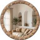 Solid Wood Wall Mirror, 24 Inch Round Hand-Carved Pine Wood Frame Circle for Wall Decor, Rustic Farmhouse Mirror for Bathroom, Living Room, Entryway, Natural Wood