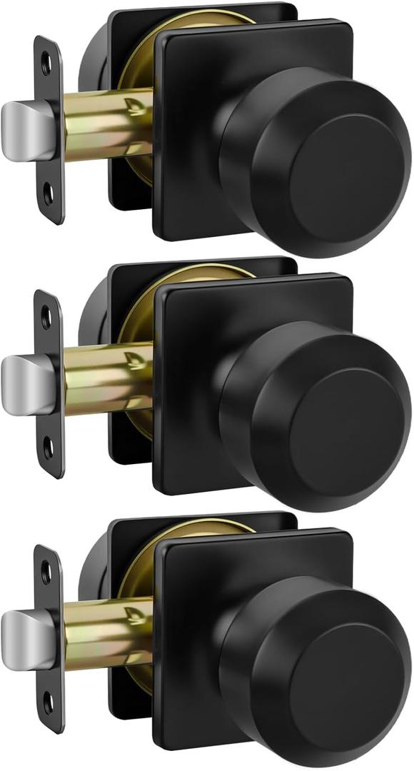 Haidms 3 Packs Black Interior Door Knobs, Passage Door Knobs for Closet and Hallways Keyless Non-Locking Doorknob Square Panel