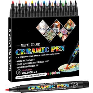 Permanent Marke Ceramics Pens 24 Colors Porcelain Paint Brush Pen for Both Glazed and Unglazed Ceramics Christmas Decoration Wine Markers for Adults