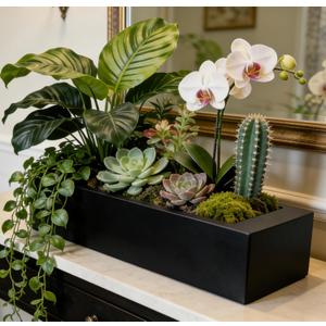 Sleek Oblong Faux Succulent Arrangement – Rectangular Weather-Resistant Planter – Indoor/Outdoor Decor, Low-Maintenance & Eye-Catching Greenery Accent Black