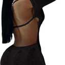 Women Sexy Off Shoulder Crochet Knitted Hollow Out Long Sleeve Romper Backless Bodycon Party Club Night Rompers (Large, Black 1)