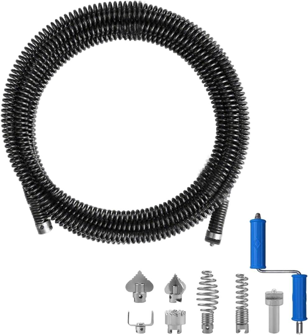 32.8 Feet x 1/2 inch Solid Drain Cleaning Cable with Six Shapes of Cutters, Manually Adapter and Powered Adapter, Steel Flexible Solid Core Sewer Drain Auger Snake Clog Pipe Removal Tool