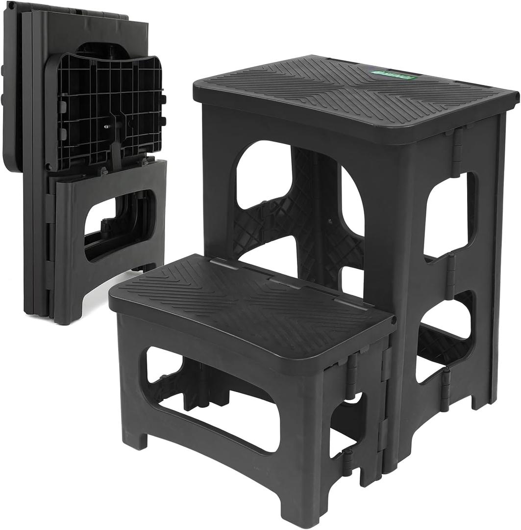 Folding 2-Step Stool for Adults Kids Non-Slip Collapsible Portable Step Stool for Kitchen Home Toilet Bedroom Office Bathroom Rv,Holds 300 Lbs(Black)