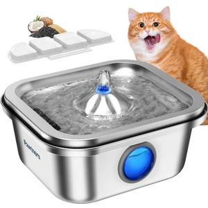 Cat Water Fountain Stainless Steel, 4L/135oz Pet Fountain, Automatic Dog Drinking Dispenser with Water Level Window, Filter, Quiet Pump, Silver