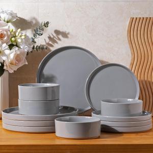 AmorArc Ceramic Dinnerware Set for 4 | Speckled Stoneware Plates and Bowls with unglazed terracotta | Scratch Resistant, Dishwasher & Microwave Safe Dishes Sets- 12-Pcs Gray (Service for 4, Modern-Gray)