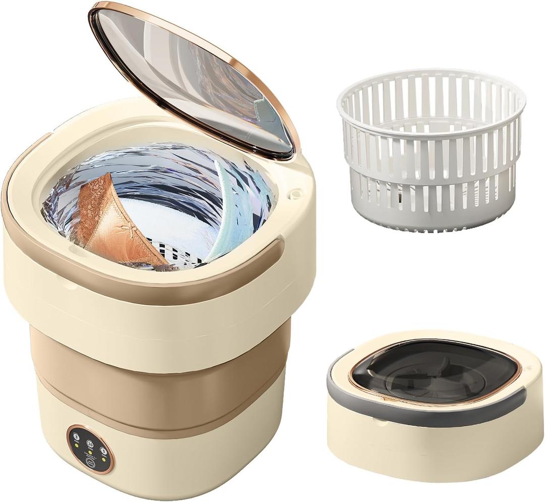 Portable Washing Machine 20L —Small Foldable Washer with Spin Basket, 3 Mode Deep Clean — Mini Laundry Machine for Travel, Dorms, Camping, Ideal for Baby Clothes, Underwear, Socks Beige