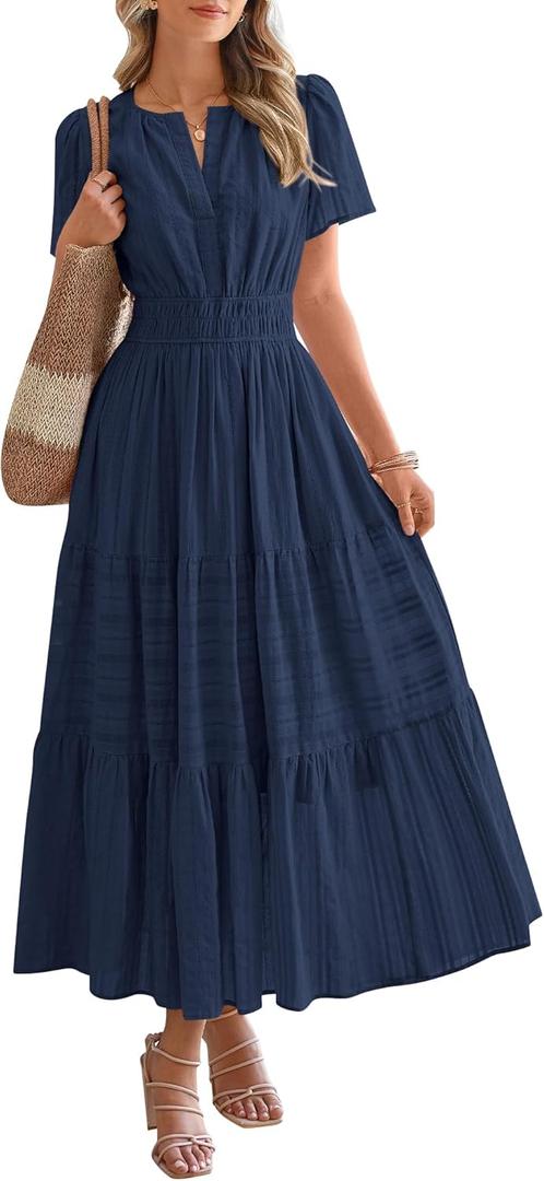 BTFBM Womens Summer 2026 Casual Midi Maxi Dresses Lightweight Short Sleeve V Neck Elastic Waist Boho Beach Dress Pockets(Navy, Medium)
