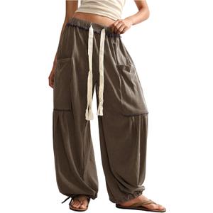 RoseSeek Women's Baggy Boho Harem Pants Drawstring Waist Wide Leg Sweatpants Casual Trousers Joggers with Pockets L