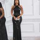 Cololura Women Sexy Elegant Sequin Tassel Off Shoulder  Halter Bodycon Maxi Dress Party Evening Gown Formal Dress (Black) X-Large 