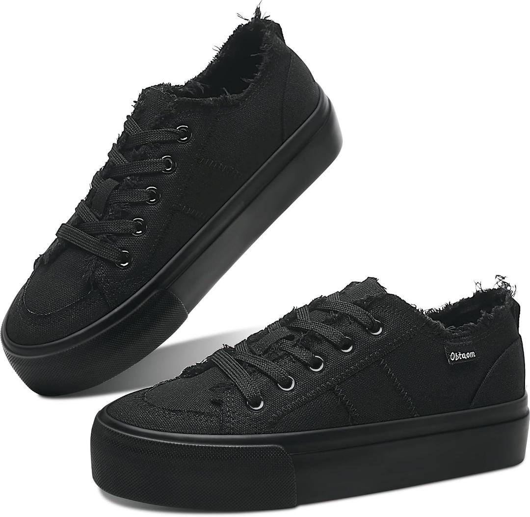 Obtaom Women Platform Canvas Sneakers White Comfort Play Fashion Sneakers Casual Lift Platform Lace Up Shoes Cute Low Top Walking Shoes for Lady