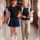 Girls Short Sleeve Ribbed Knit Shirts | Ruched Top, Slim Fit, Casual Crewneck, Basic Tee, Summer, Back to School (Black)