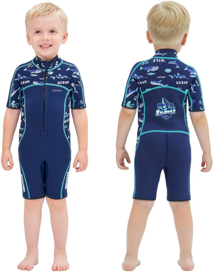 Goldfin Kids Wetsuit for Girls Boys, 3mm Toddler Shorty Neoprene Front Zip Wet Suits Keep Warm for Water Sports Surfing Snorkeling Swimming