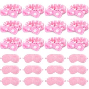 24 Pieces Sleepover Party Favors Spa Headband Sleep Eye Mask Bulk Pink Headband for Washing Face Bow Makeup Eye Mask for Spa Birthday, Bachelorette Party, Slumber Wedding