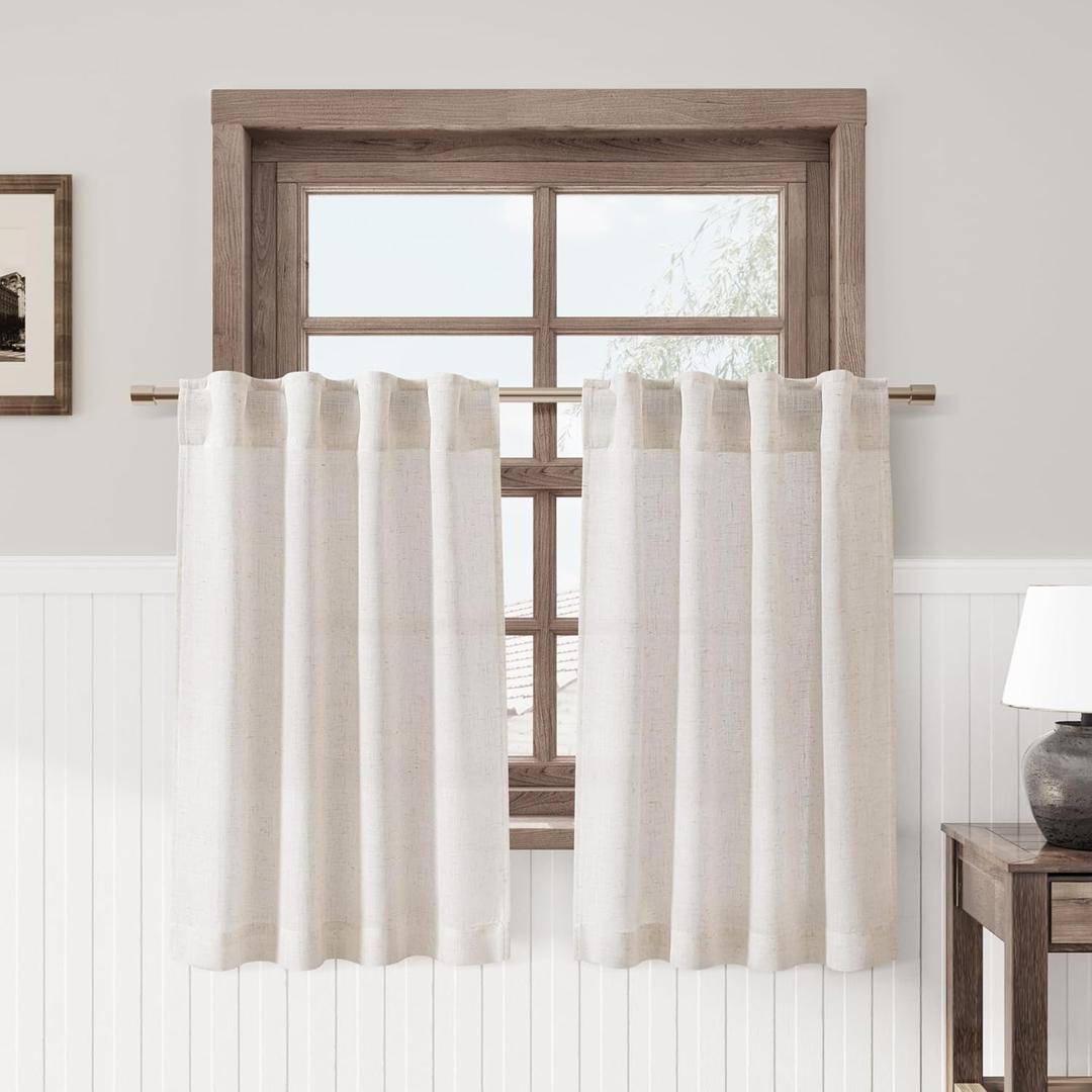 Beige Farmhouse Cafe Curtains 30 Inch Length 2 Panel Back Tab Pocket Bathroom Window Curtains Short Light Filtering Semi Sheer Linen Textured Tiers for Kitchen Basement RV Camper 26x30