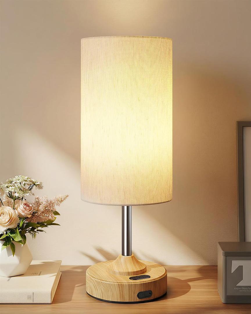 EZVALO Cordless Table Lamp, Ambient Light, Dimmable, Touch, Timer, 2700K, Bedroom, Portable, LED, Wireless, Rechargeable, Battery Operated, Desk Lamp, Fabric Shade, Wood-Grain Finish, Living Room