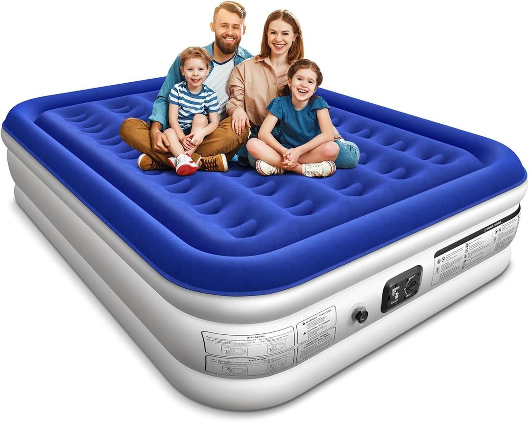 Queen Air Mattress with Built in Pump 16" Raised Blow Up Mattress Queen Size Comfort Air Bed, 3 Mins Fast Colchones Inflables Bed, Luxurious for Home/Guests,660 lbs Max (16" Blue & White)