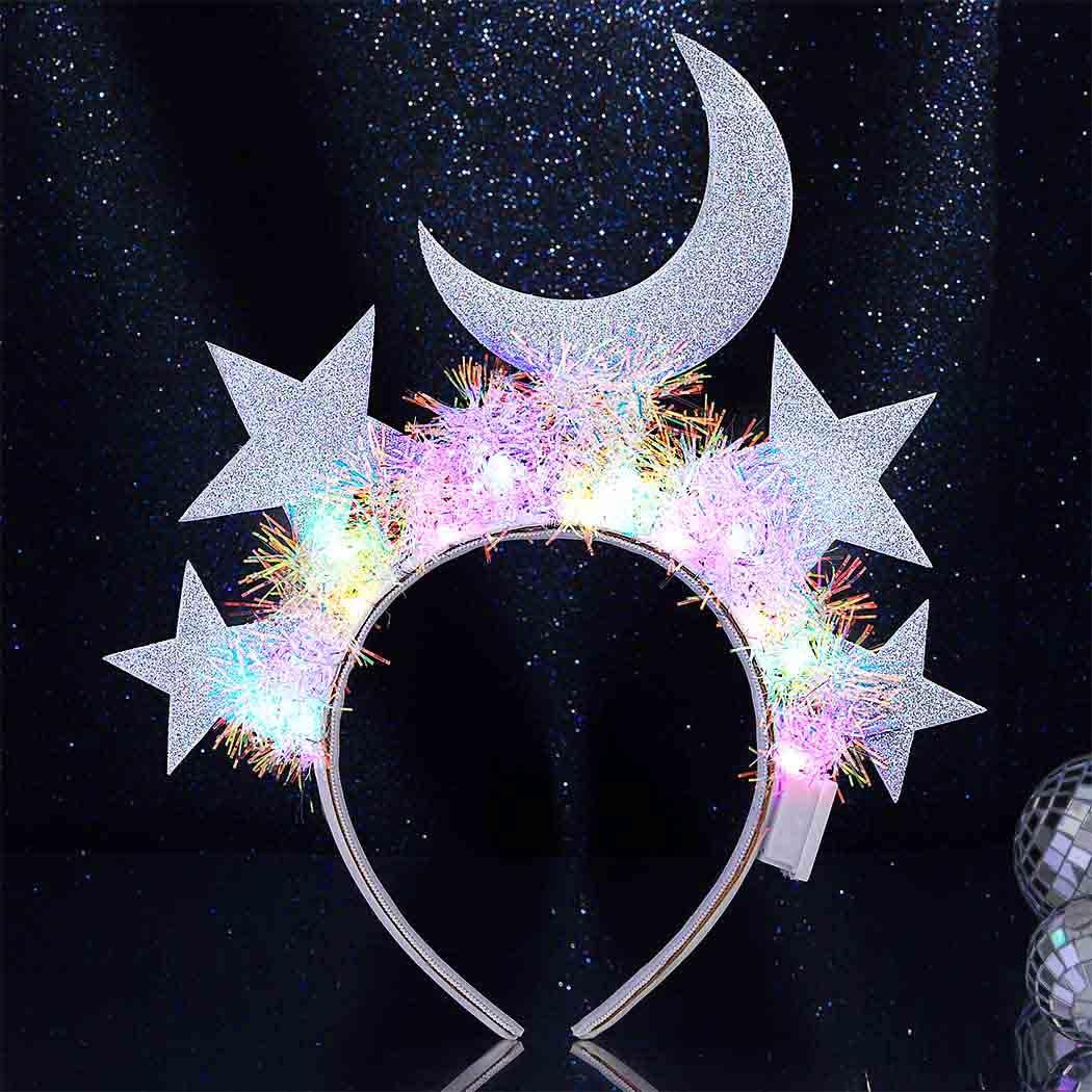 Light Up Star Headband LED Moon Headpiece Glitter Stars Headwear Rave Party Costume Hair Accessories for Women (Silver, Gold, Silver with Gold)