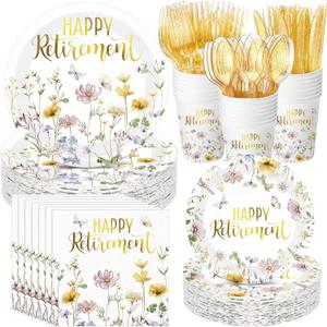 400 Pcs Happy Retirement Party Supplies Wildflower Themed Retirement Disposable Paper Plates Napkins and Cups for The Aged Women Say Goodbye Decorations