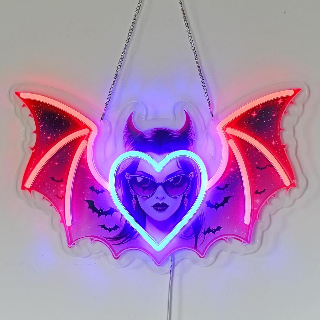 Monst Neon Sign - 15.7" x 10" Gothic Vampire LED Wall Light, Red/Blue Glow, Dimmable USB Decor - Dark Fantasy Gift for Game Room