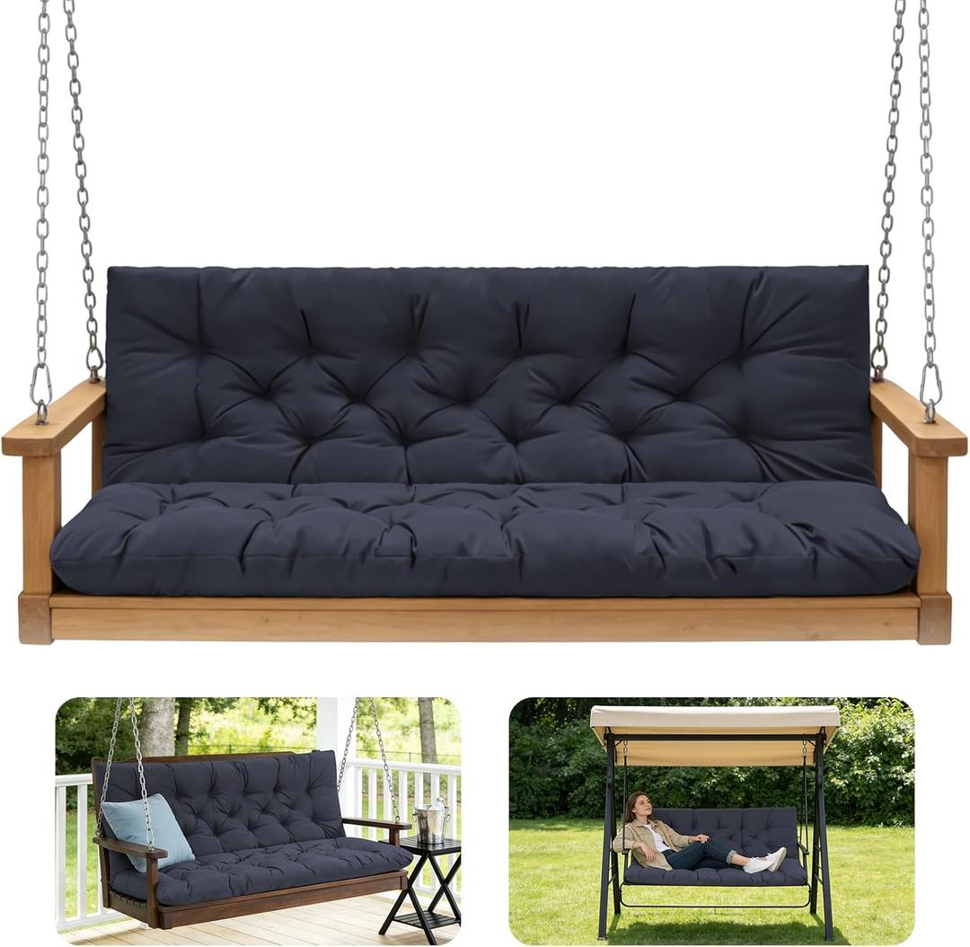 Outdoor Swing Cushions,Waterproof Swing Cushions 3 Seater Replacement with Backrest,Outdoor Thickened Bench Cushion with Ties for Porch,Patio,Backyard,Garden (Navy Blue 60 * 40 in)