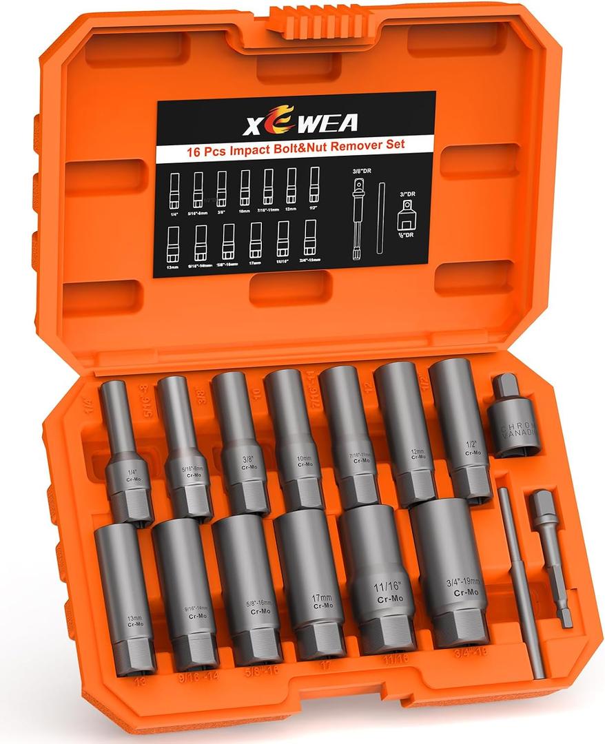 16PCS 3/8" Drive Deep Bolt Extractor Set, Impact Bolt Nut Remover Set, Stripped Lug Nut Extraction Socket Set For Narrow Space Removing Broken, Damaged, Frozen, Rusted, Rounded-Off Bolts, Nuts, Stud