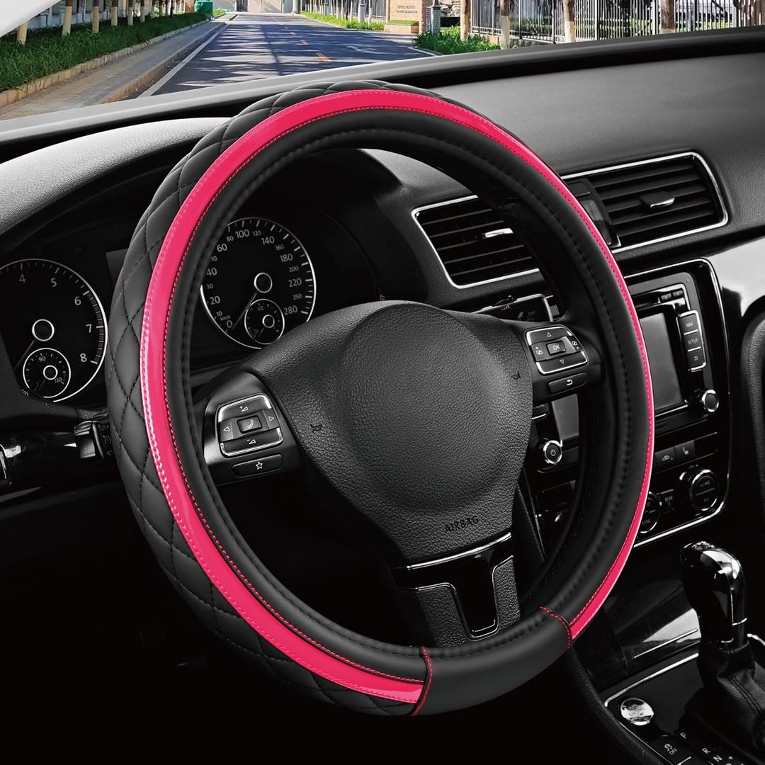 Road Comforts Leather Steering Wheel Cover  Black & Hot Pink, Universal Fit 14.5-15 Inch, Microfiber Leather, Anti-Slip & Breathable Design for Men and Women