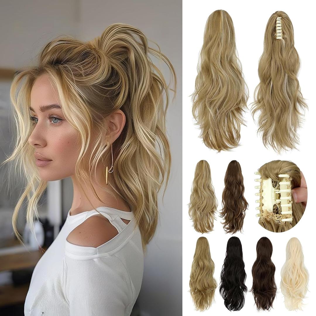 Ponytail Extension Claw 18" Natural-Looking Synthetic Wavy Long Pony Tails Hair Extensions Ash blonde mix Bleach Blonde Clip-In Hairpiece for Women