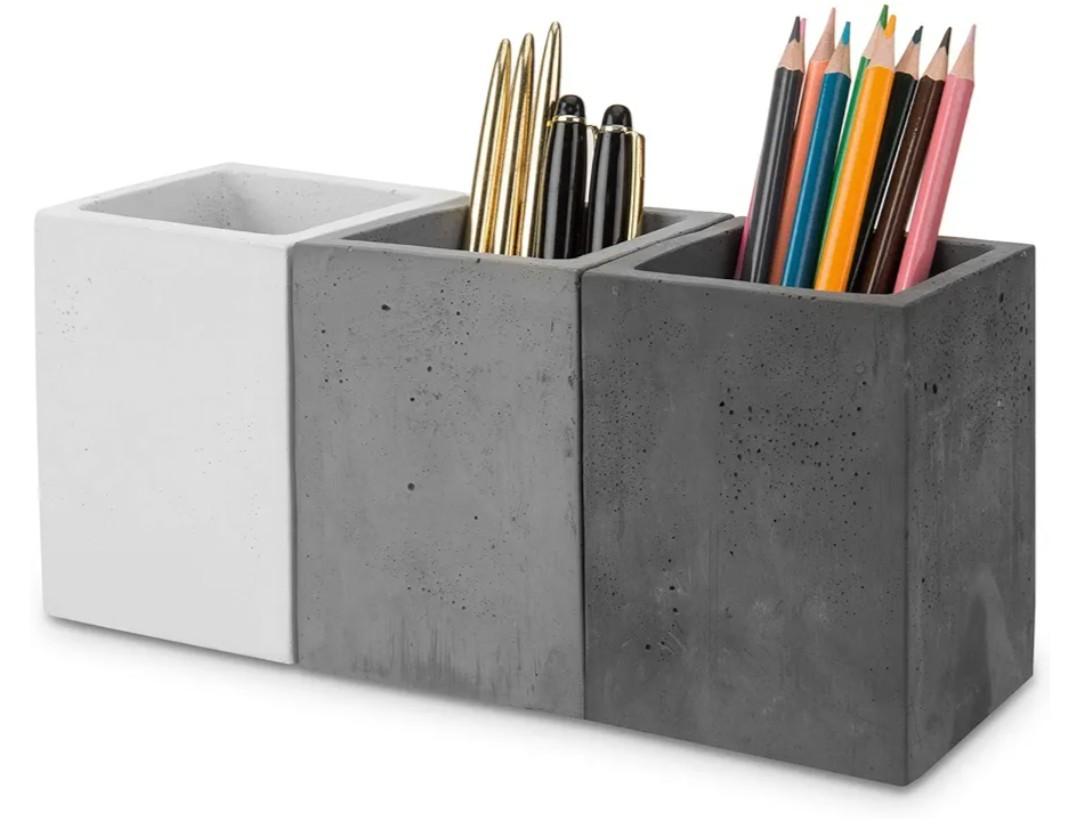 MyGift Pen Holder Pencil Holder For Desk,Pen Cup Holder For Desk,Concrete Desktop Pencil Cup,Modern Gray-Tone,Set of 3