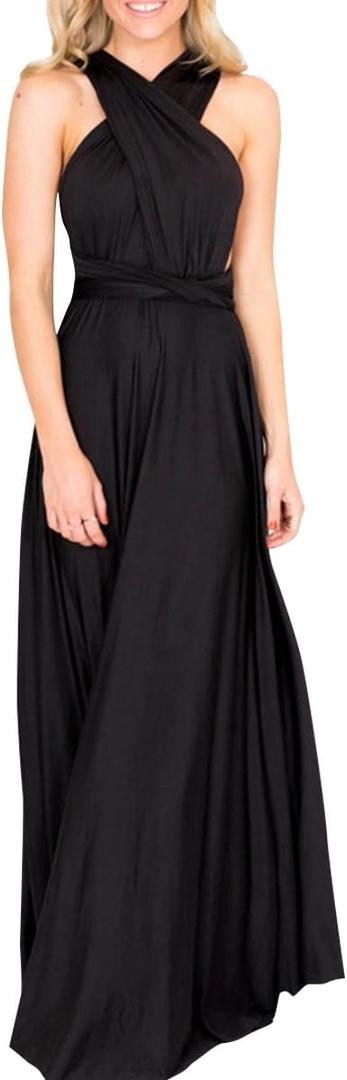 OBEEII Bridesmaid Dress for Womens Infinity Dress Wedding Convertible Multi Way Dress Twist Wrap Long Dress Elegant Cocktail Party Evening Prom Grown Black Large