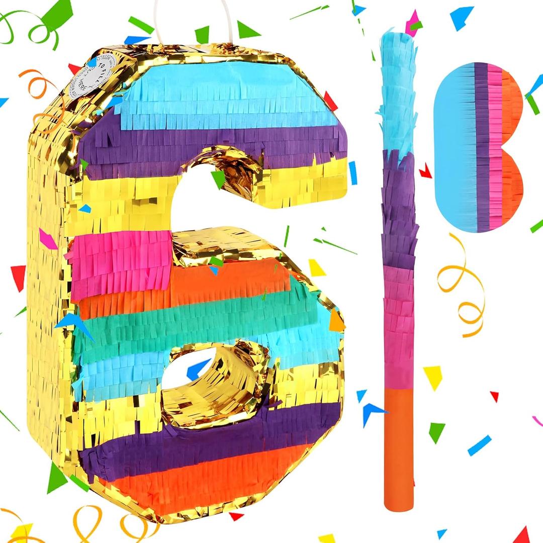 Rainbow Number 6 Pinata with a Blindfold and Bat for Boys Girls 6th Birthday Party, Kids Anniversary Celebration, Fiesta Supplies (16.1 x 10.6 x 3.2 Inches)