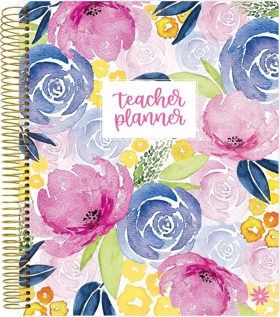 bloom daily planners Undated Academic Year Teacher Planner & Calendar - 7 Period Lesson Plan Organizer Book with Frosted Cover (9" x 11") (Watercolor Floral)