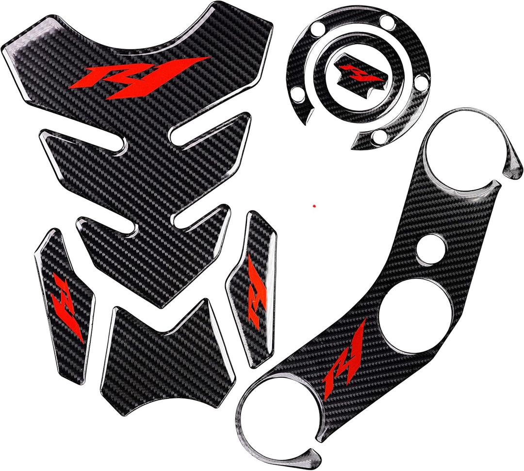 5D Real Carbon, Motorcycle Gas Tank Protector, Tank Pad Sticker, Tank Cap, Fuel Cap Decal, Top Clamp Triple Tree Pad with Keychain for R1, 4 Pcs Per Set