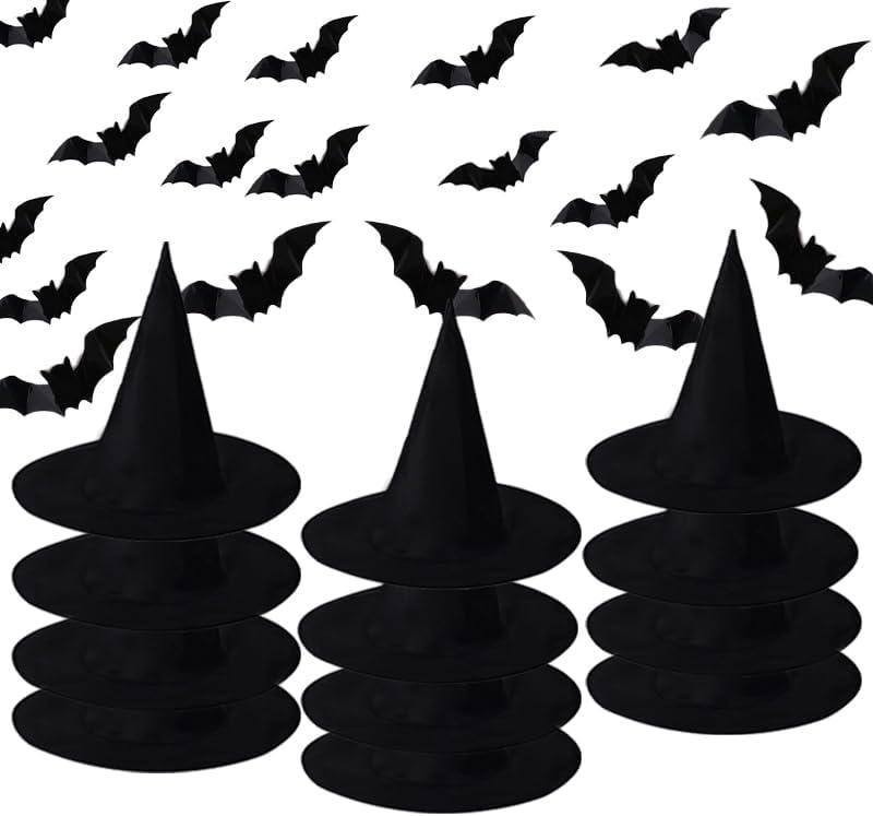 Orgrimmar 12 PCS Halloween Witch Hats with Hanging Pope, 32 3D PCS Bat Stickers for Halloween Party Decorations, Outdoor and Indoor Hanging Decorations