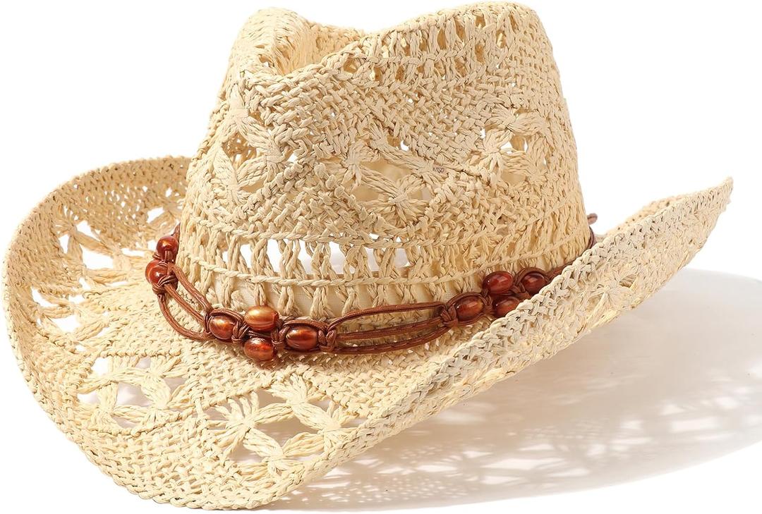AQOKKA Straw Cowboy Hats for Women Men Western Cowgirl Hats with Shapeable Brim Woven Hollow Out Unisex Beach Roll Up Caps (Beige)