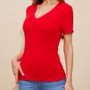 Women V Neck Short Sleeve Tight Fitted Summer Dressy Casual Sexy Cute Tops T Shirts Tee Tshirt Clothes (Red), M