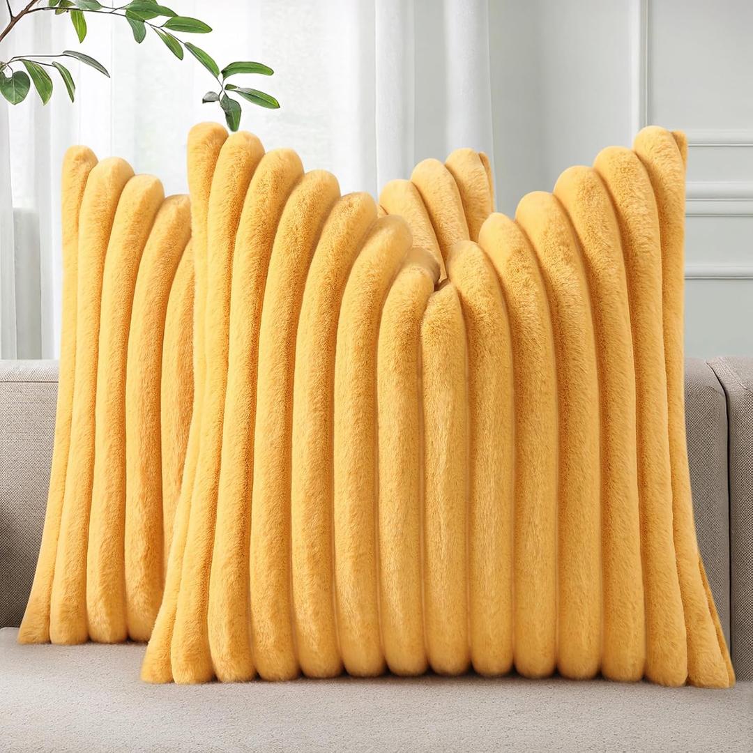 Pallene Faux Fur Plush Throw Pillow Covers 18x18 Set of 2, Luxury Soft Fluffy Striped Decorative Pillow Covers for Sofa, Couch, Living Room, Mustard Yellow