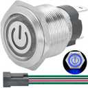 15Amp 19mm Latching Push Button Switch Blue 110V 120V AC SPST Power Symbol Ring Led Light Stainless Steel 304 Self-Locking On Off 3/4'' with Wire Socket