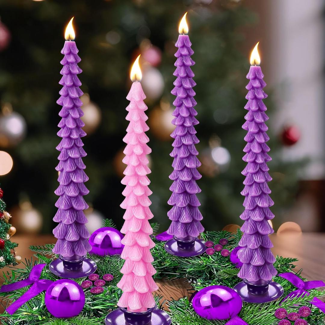 Enhon 4 Pcs Advent Candles Set, 10 Inch Tree Shaped Taper Candles, Unscented Beeswax Christmas Advent Wreath Candle for Xmas, Holiday, Church, Party, or Home Decor (Purple,Pink Style)