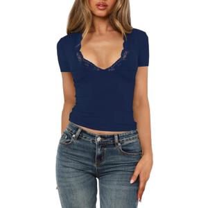 Women's Short Sleeve Sexy Lace V-Neck Summer Going Out 2025 Crop Tops Slim Fit Tees Trendy Y2k Clothing XS
