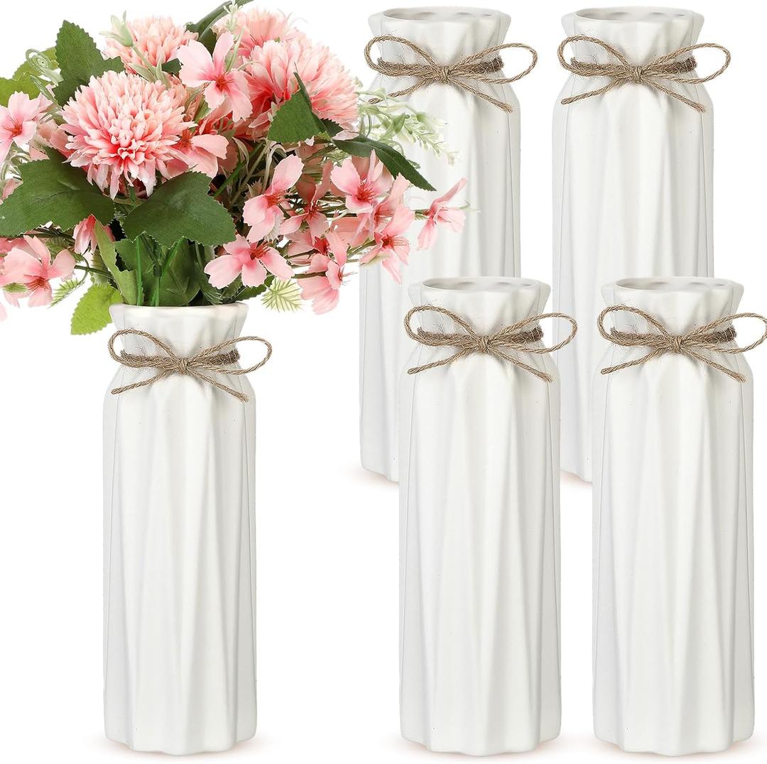 4 Pack White Bud Vases Ceramic for Centerpieces 8.27 Inch White Vase for Flowers with Rope for Wedding Party Dining Table Home Bedroom Kitchen Office Decoration