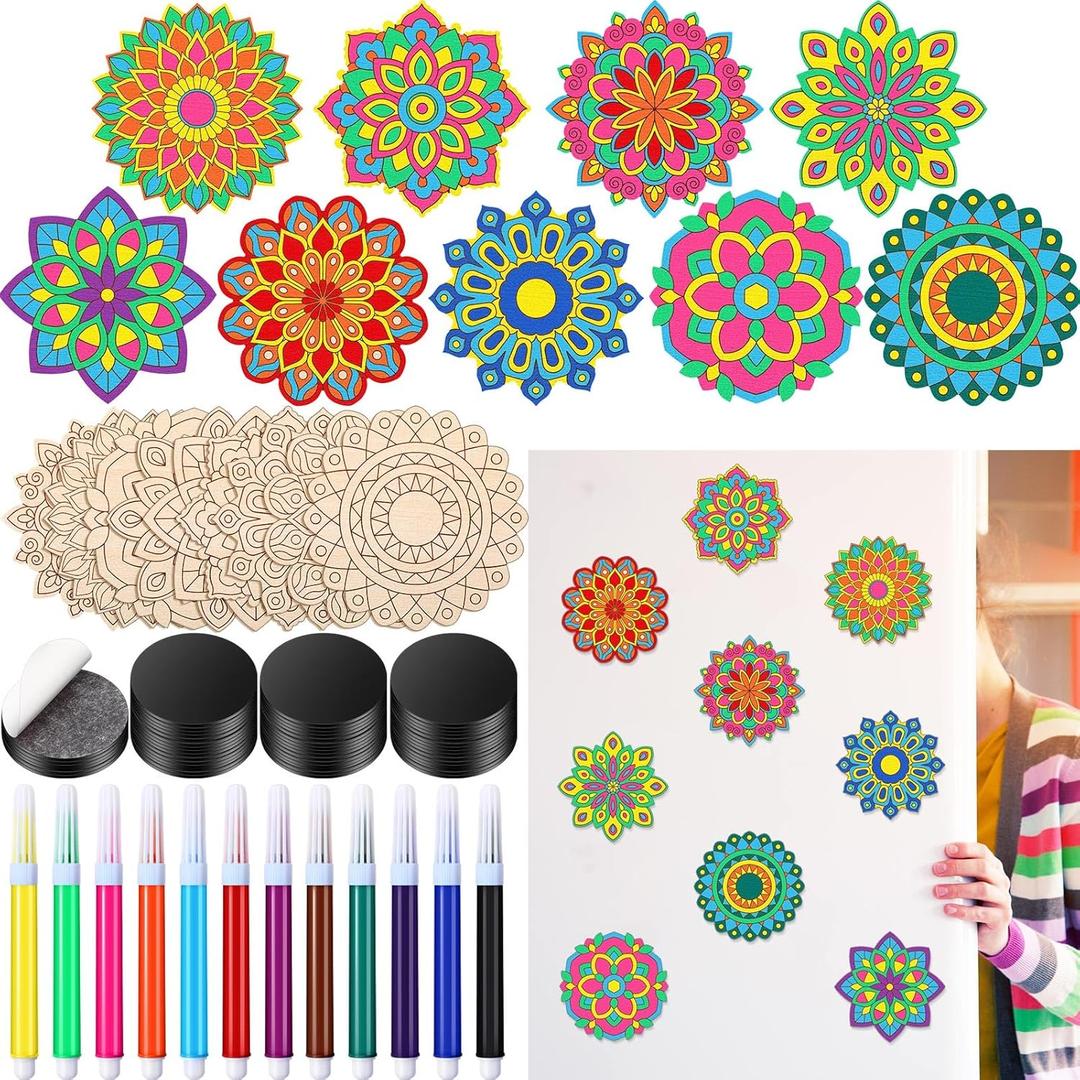 18 Pcs DIY Wooden Mandala Magnets Diwali Crafts Color Your Own Small Self Adhesive Magnet for DIY Craft Fridge Refrigerator Pendants(Floral Style)