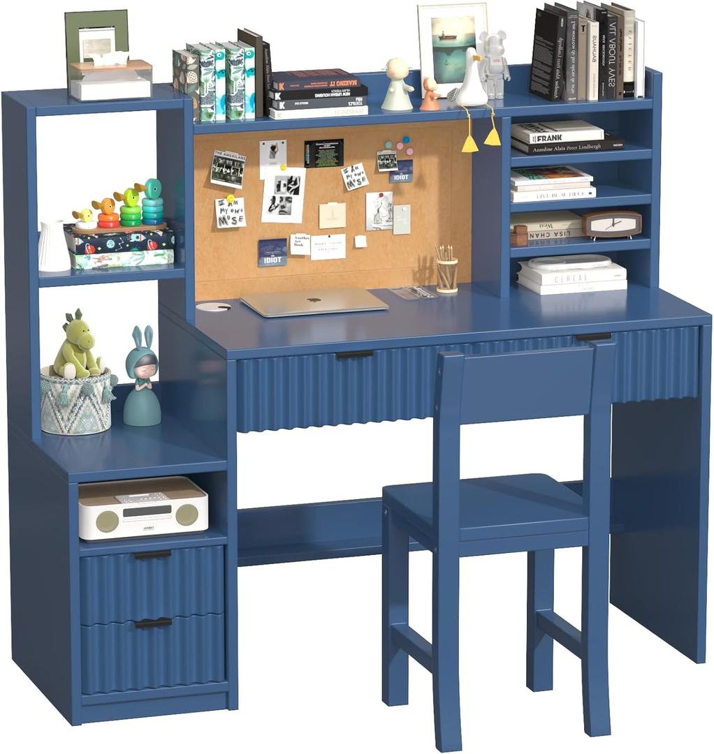 Blue Wooden Kids Fluted Desk and Chair Set, Kids Study Desk with Storage Shelves, Kids Study Table and Chair Set with 4 Fluted Drawers, Girls Study Desk for Kids with Hutch for Bedroom-p7P54u