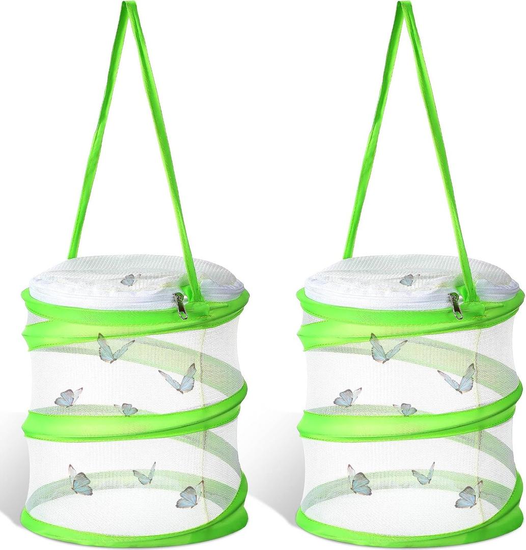 Sherr 2 Pcs Mini Butterfly Habitat Cage Clear Mesh Butterfly Net Cage Container Foldable Terrarium, 6.2x7.1inch (Green)