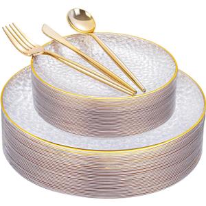 Rubtlamp 150Pcs Plastic Plates, Heavy Duty Clear Plates With Gold Rim, Hammered Gold Dinnerware Set Include 30 Dinner Plate, 30 Dessert Plate, 90 Plastic Silverware