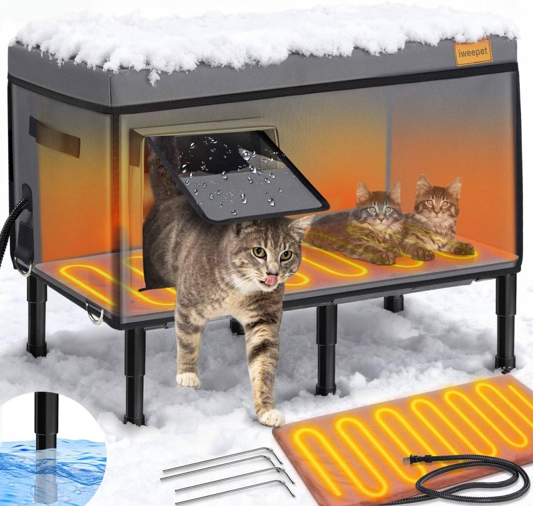 100% Weatherproof Large Heated Cat House for Outside Cat with Cozy Cushion,Indestructible Outdoor Cat House in Winter, Foil Insulated Pet Shelter for Outside Barn Feral Stray Cat (L-25.6''L x 21.6''W x 13.8''H, Grey)