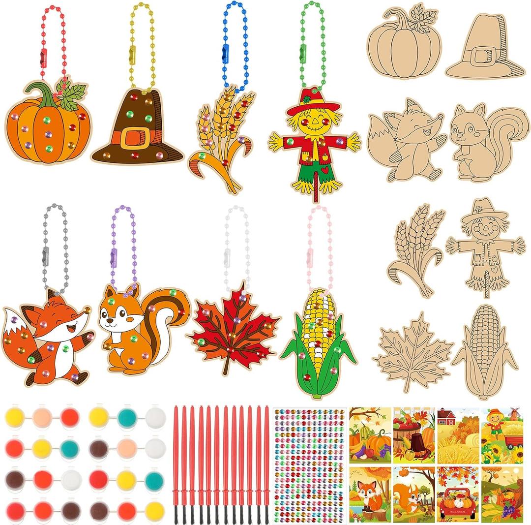 Funrous 24 Set Thanksgiving Crafts for Kids, Fall Unfinished DIY Crafts Keychain Thanksgiving Wood Cutouts Ornaments Painting Kit with Maple Pumpkins Cards for Boys Girls Autumn Harvest Activity Gifts
